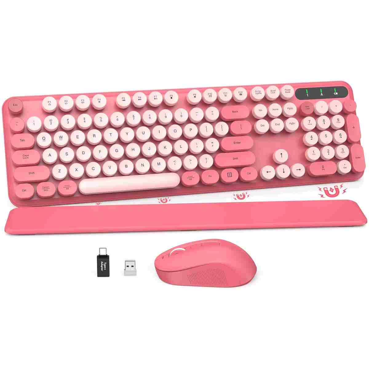Wireless Keyboard and Mouse Combo - Round Keycaps, Full-Size Retro Typewriter Keyboard with Detachable Wrist Rest, Sleep Mode & Tilt Legs, 2.4GHz Cordless Connection for...