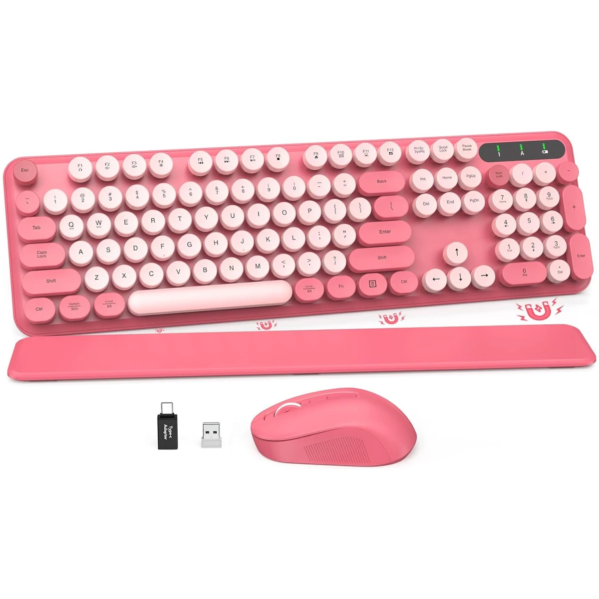 Wireless Keyboard and Mouse Combo - Round Keycaps, Full-Size Retro Typewriter Keyboard with Detachable Wrist Rest, Sleep Mode & Tilt Legs, 2.4GHz Cordless Connection for...
