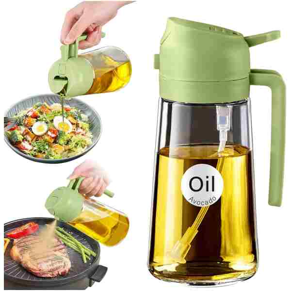 YARRAMATE 16oz/470ml Oil Sprayer for Cooking with Stickers, Food-grade Premium 2 in 1 Olive Oil Dispenser Bottle for Kitchen Gadgets, Air Fryer, Salad, Frying, BBQ (Green)