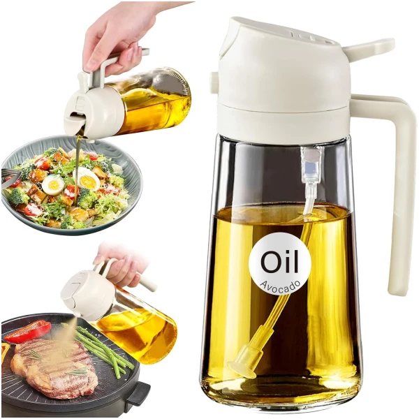 YARRAMATE 16oz/470ml Oil Sprayer for Cooking with Stickers, Food-grade Premium 2 in 1 Olive Oil Dispenser Bottle for Kitchen Gadgets, Air Fryer, Salad, Frying, BBQ (Creamy White)
