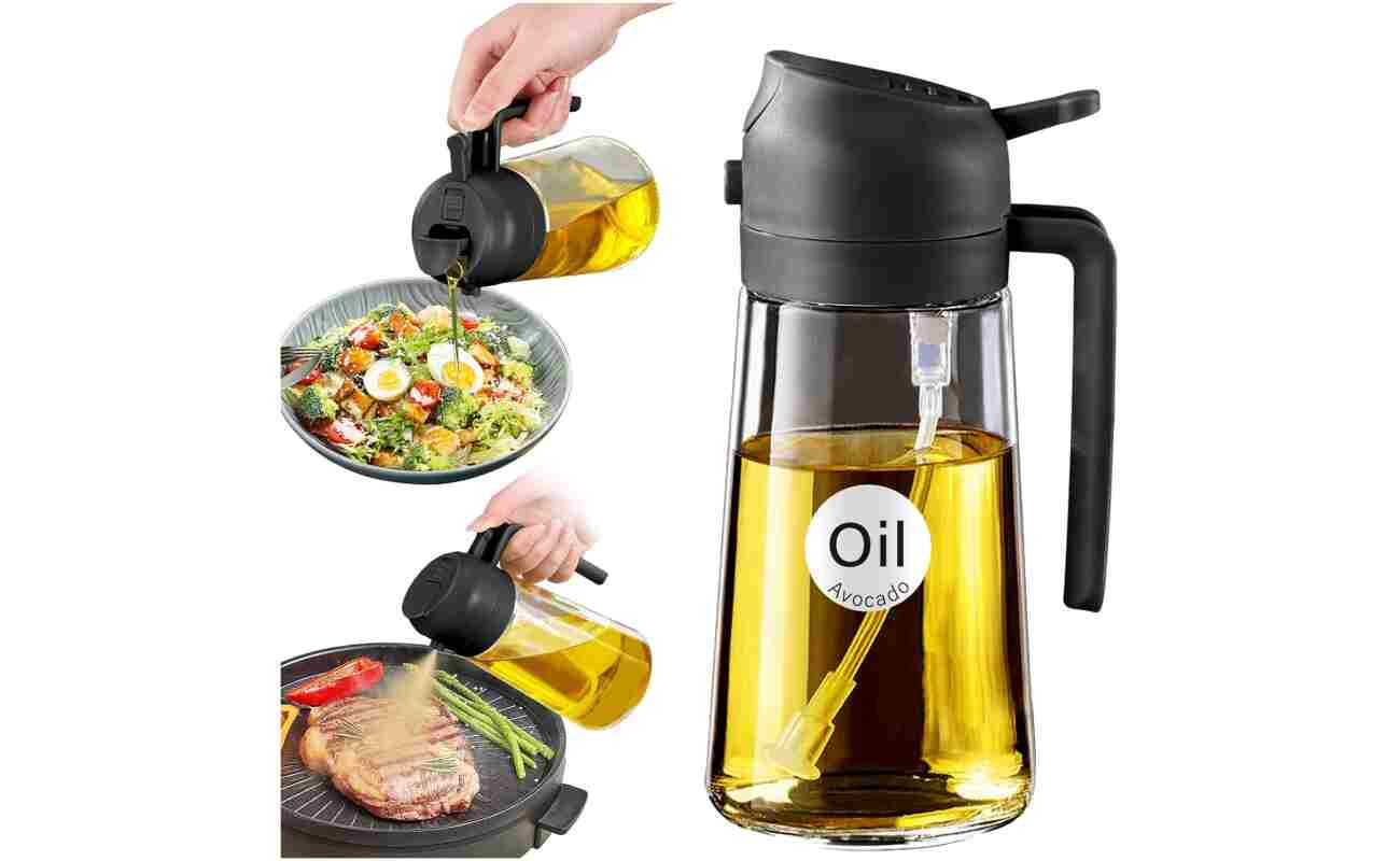YARRAMATE Olive Oil Dispenser, 2 in 1 Oil Sprayer for Cooking, 16oz/470ml Glass Oil Spray Bottle for Kitchen, Salad, Frying, BBQ (Black)