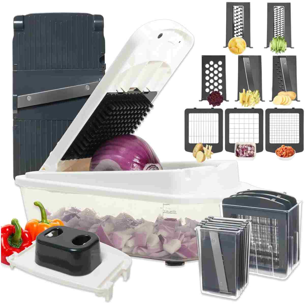 ZHANG XIAO QUAN SINCE 1628 8-in-1 Vegetable Chopper with Container - Veggie Onion Salad Chopper, Mandoline Slicer, French Fry Cutter, Kitchen Gadgets with Cleaning Tools