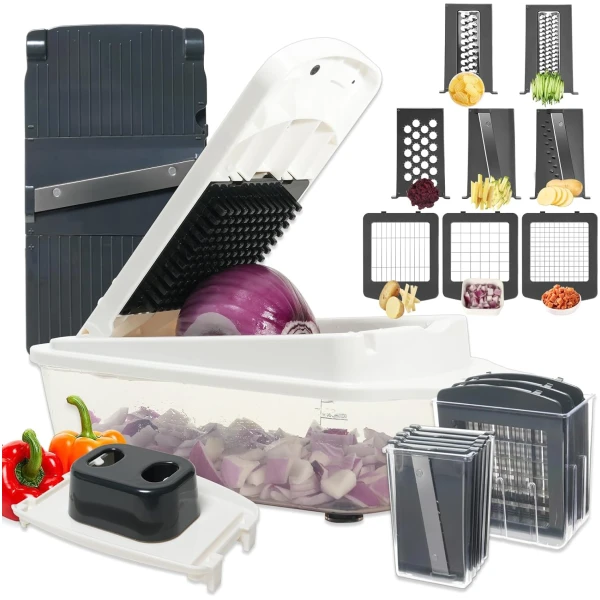 ZHANG XIAO QUAN SINCE 1628 8-in-1 Vegetable Chopper with Container - Veggie Onion Salad Chopper, Mandoline Slicer, French Fry Cutter, Kitchen Gadgets with Cleaning Tools