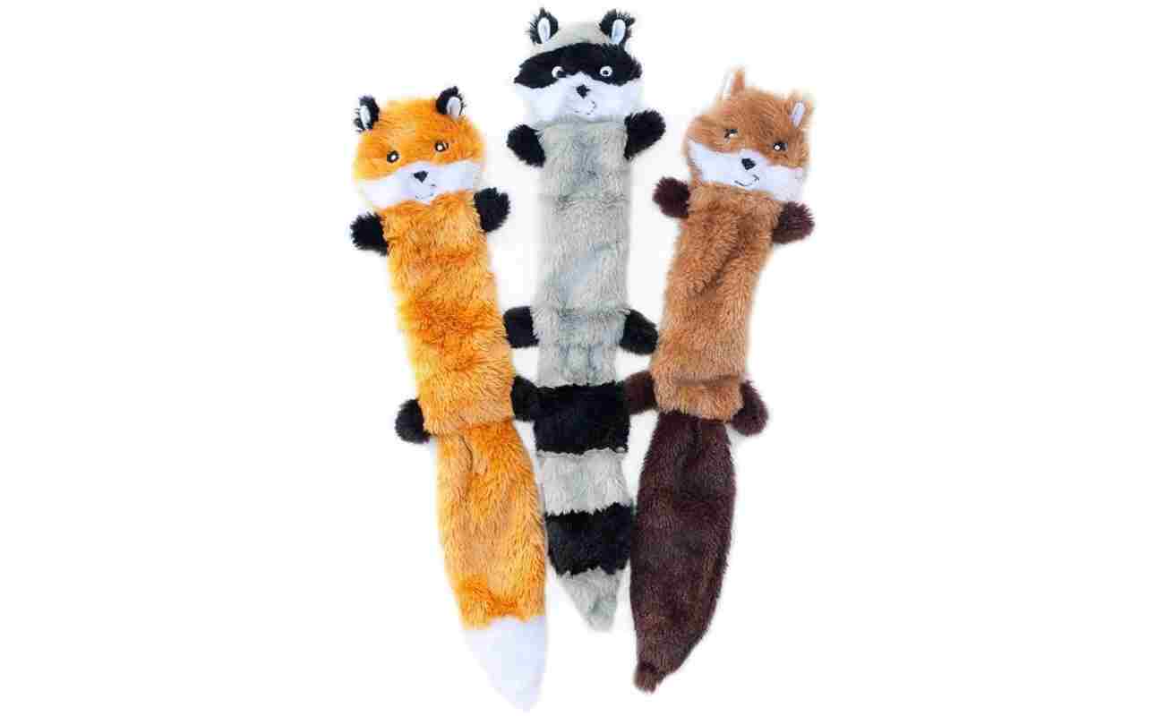 ZippyPaws Skinny Peltz - No Stuffing Dog Toy Pack to Keep Them Busy, for Medium and Large Dogs, Squeaky Pet Toys, Unstuffed Chew Toys, Soft Plush Variety Pack, Fox, Raccoon, and...
