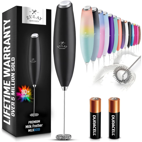 Zulay Kitchen Handheld Milk Frother with Duracell AA Batteries – Ultra Fast Electric Mixer & Foam Maker, Easy-Clean Drink Mixer for Coffee & More