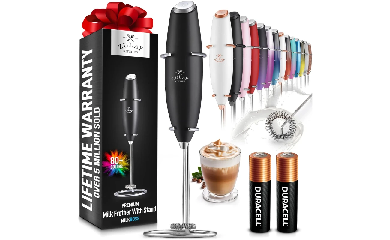 Zulay Kitchen Powerful Milk Frother Wand With 2 Duracell Batteries - Ultra Fast Handheld Drink Mixer - Electric Whisk Foam Maker for Coffee, Lattes, Cappuccino, Matcha, Hot...