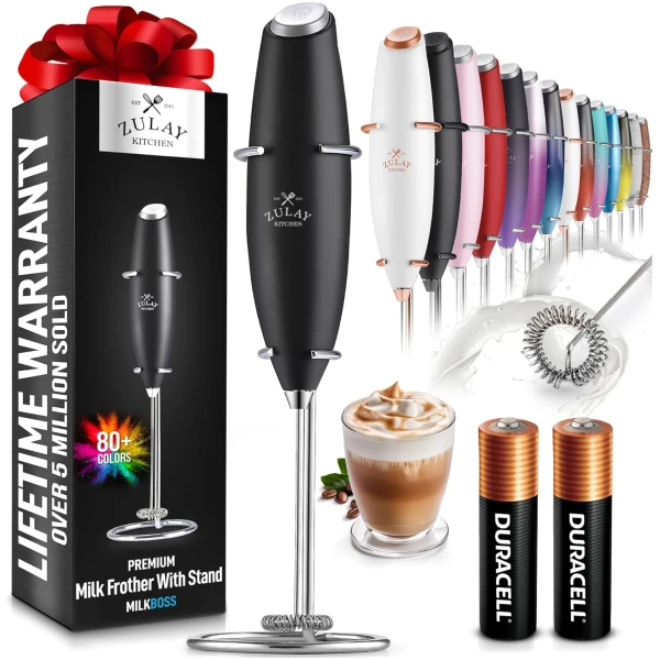 Zulay Kitchen Powerful Milk Frother Wand With 2 Duracell Batteries - Ultra Fast Handheld Drink Mixer - Electric Whisk Foam Maker for Coffee, Lattes, Cappuccino, Matcha, Hot...