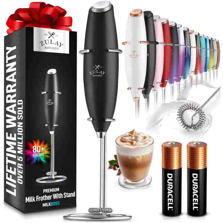 Zulay Kitchen Powerful Milk Frother Wand With 2 Duracell Batteries - Ultra Fast Handheld Drink Mixer - Electric Whisk Foam Maker for Coffee, Lattes, Cappuccino, Matcha, Hot...
