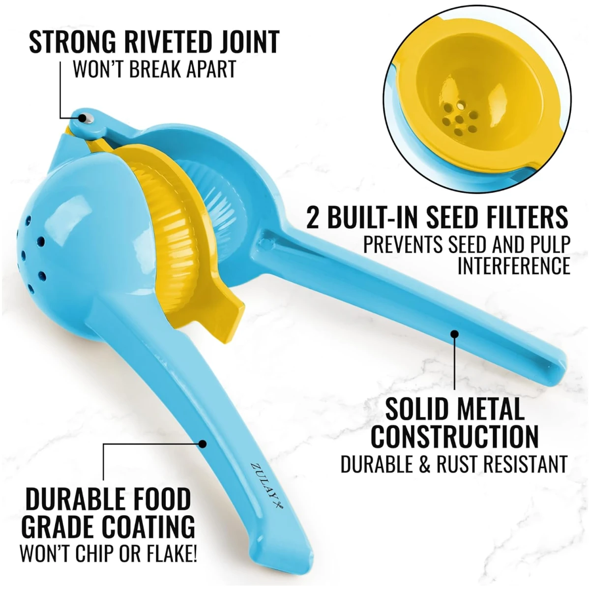 Zulay Metal 2-In-1 Lemon Squeezer Manual - Sturdy, Max Extraction Hand Juicer Lemon Squeezer Gets Every Last Drop - Easy to Clean Manual Citrus Juicer - Easy-to-Use Lemon Juicer...