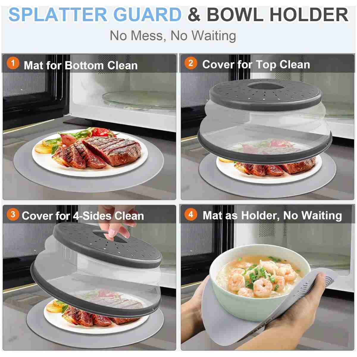10 Inch Microwave Food Cover & Collapsible Silicone Mat - Splatter Guard, Plate Holder & Kitchen Colander for Meal Prep, Charcoal