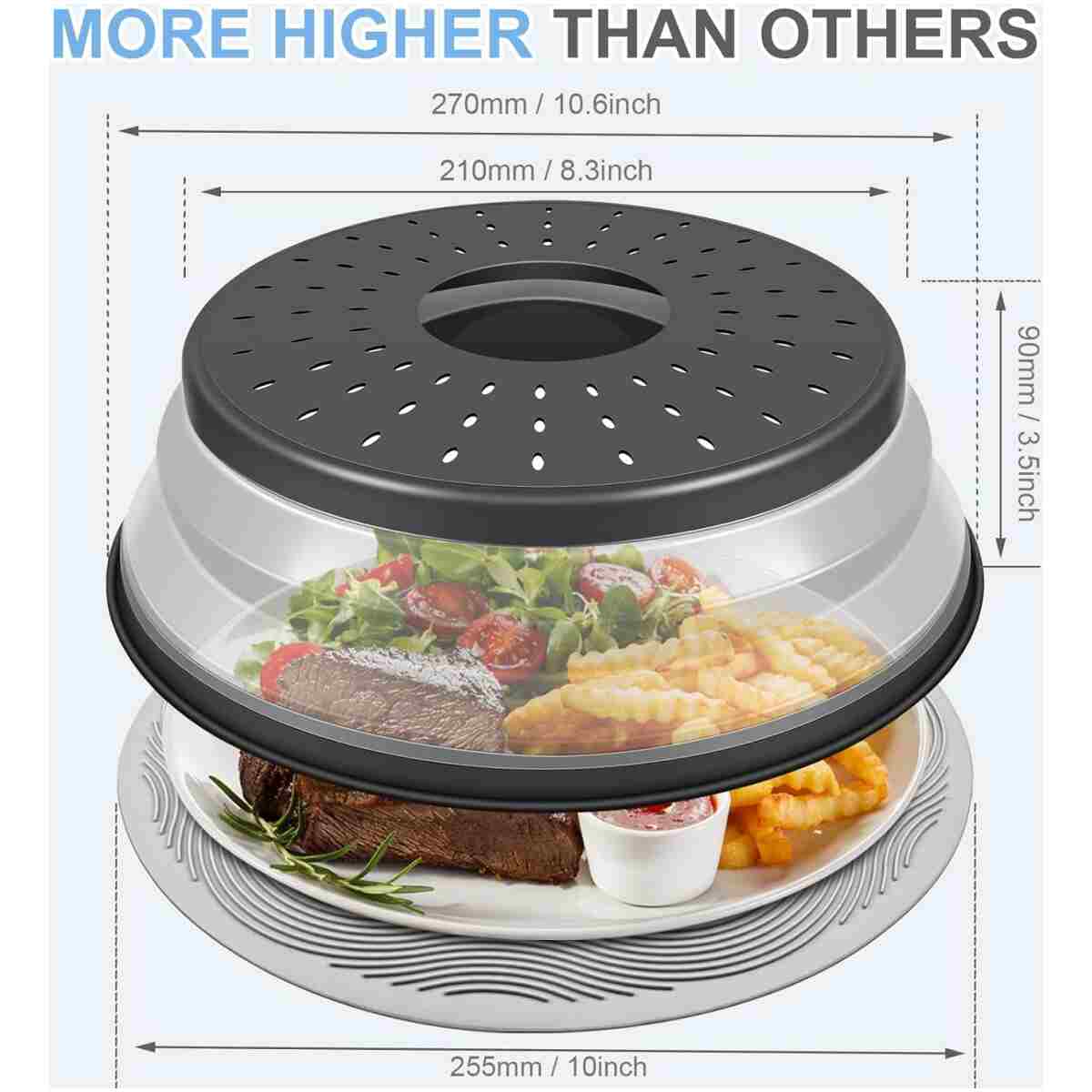 10 Inch Microwave Food Cover & Collapsible Silicone Mat - Splatter Guard, Plate Holder & Kitchen Colander for Meal Prep, Charcoal