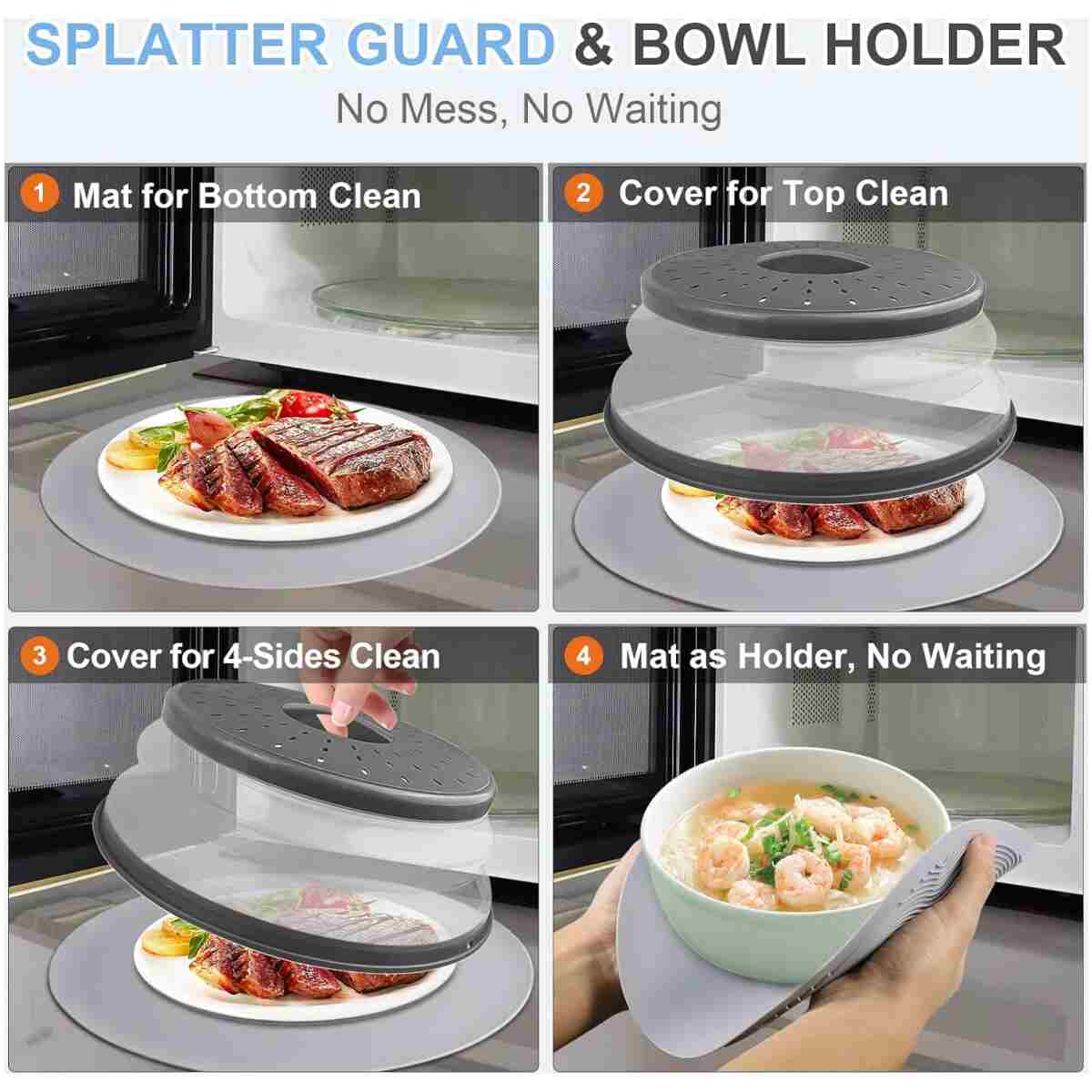 10 Inch Microwave Food Cover & Collapsible Silicone Mat - Splatter Guard, Plate Holder & Kitchen Colander for Meal Prep, Charcoal