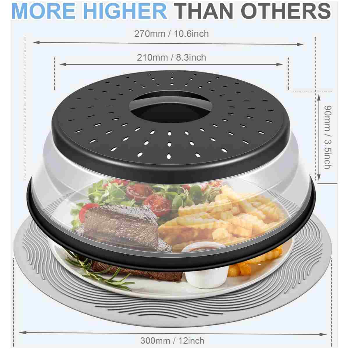 10 Inch Microwave Food Cover & Collapsible Silicone Mat - Splatter Guard, Plate Holder & Kitchen Colander for Meal Prep, Charcoal