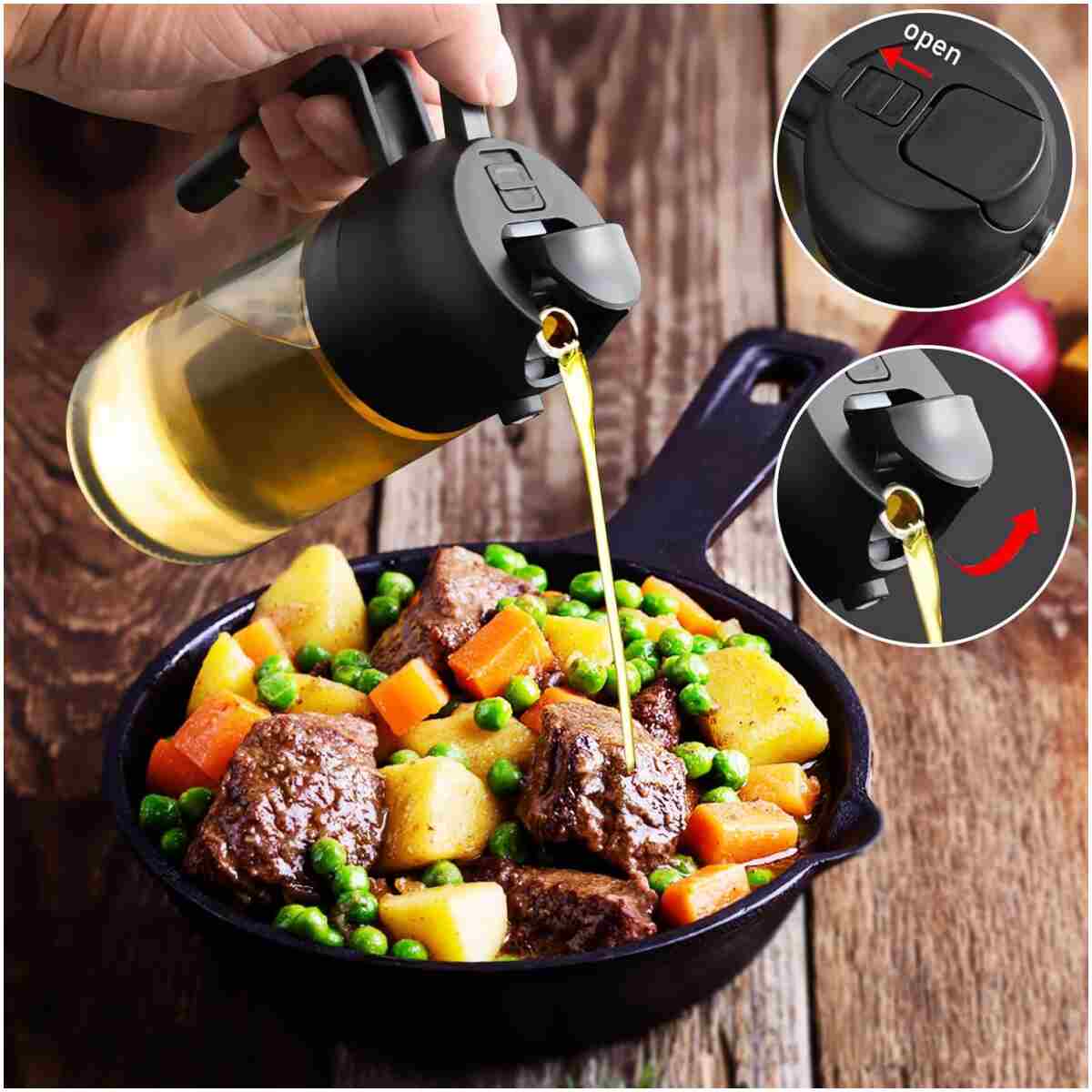 2 in 1 Glass Oil Sprayer & Dispenser,16oz/470ml Olive Cooking, Air Fryer, and Salad, for Kitchen Gadgets and Air Fryer Accessories, w/Stickers (Black)