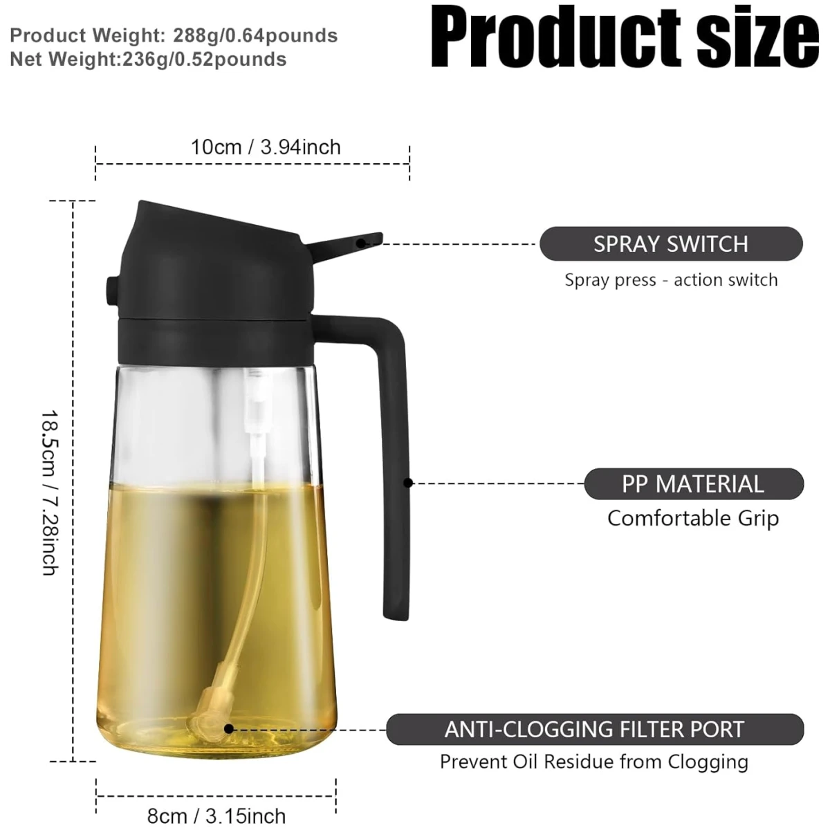 2 in 1 Glass Oil Sprayer & Dispenser,16oz/470ml Olive Cooking, Air Fryer, and Salad, for Kitchen Gadgets and Air Fryer Accessories, w/Stickers (Black)