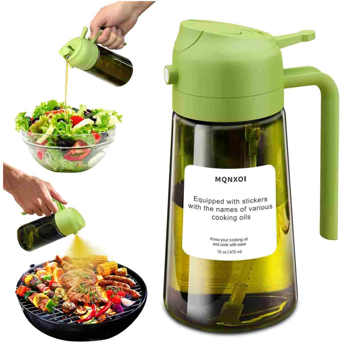 2 in 1 Glass Oil Sprayer & Dispenser,16oz/470ml Olive Cooking, Air Fryer, and Salad, for Kitchen Gadgets and Air Fryer Accessories, w/Stickers (Black)