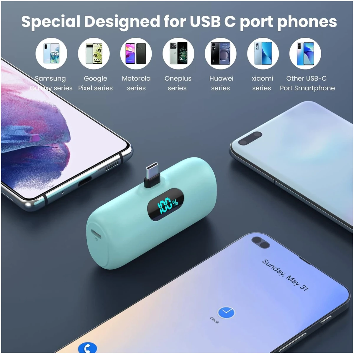 [2-Pack] Mini Portable Charger 5000mAh Power Bank,3A PD USB C Cell Phone Portable Power, LCD Display Battery Pack Compatible with iPhone 16/15/15 plus/15 pro/15 pro...