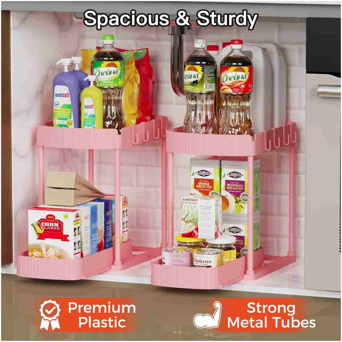 2 Pack Multi-Purpose Pull-Out Storage Organizers, Under Sink & Cabinet Organizers, 12.8 Inch Pink