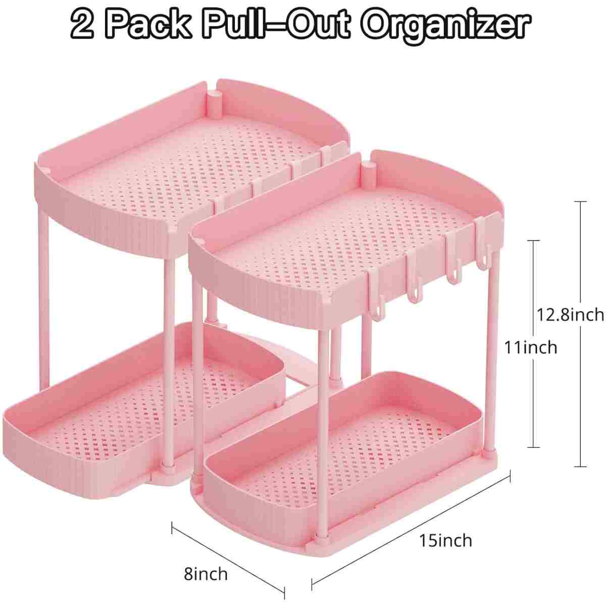 2 Pack Multi-Purpose Pull-Out Storage Organizers, Under Sink & Cabinet Organizers, 12.8 Inch Pink
