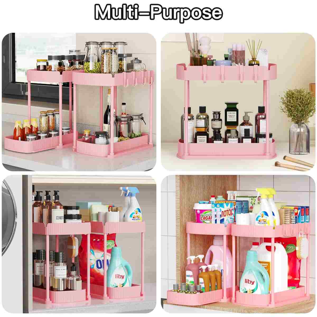 2 Pack Multi-Purpose Pull-Out Storage Organizers, Under Sink & Cabinet Organizers, 12.8 Inch Pink