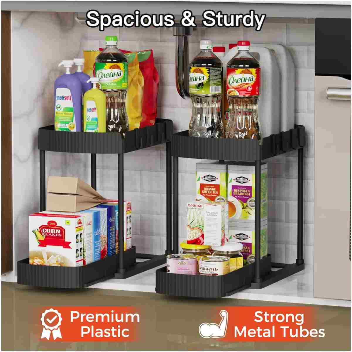 2 Pack Multi-Purpose Pull-Out Storage Organizers, Under Sink Organizers and Storage for Bathroom & Kitchen, Under Cabinet Organizers and storage, 12.8 Inch, Black