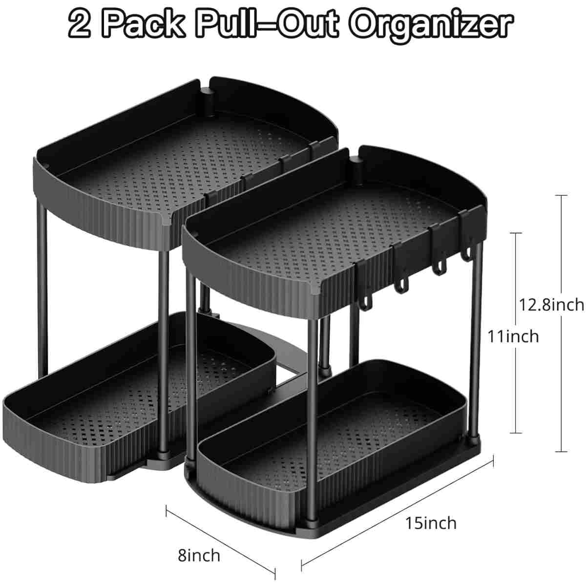 2 Pack Multi-Purpose Pull-Out Storage Organizers, Under Sink Organizers and Storage for Bathroom & Kitchen, Under Cabinet Organizers and storage, 12.8 Inch, Black