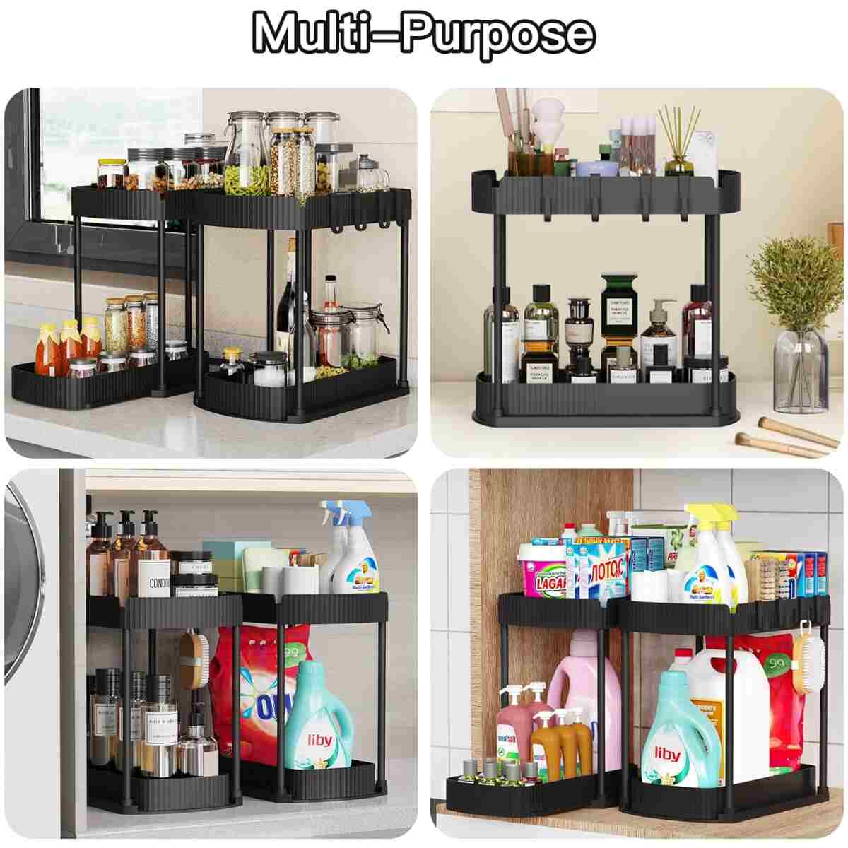 2 Pack Multi-Purpose Pull-Out Storage Organizers, Under Sink Organizers and Storage for Bathroom & Kitchen, Under Cabinet Organizers and storage, 12.8 Inch, Black