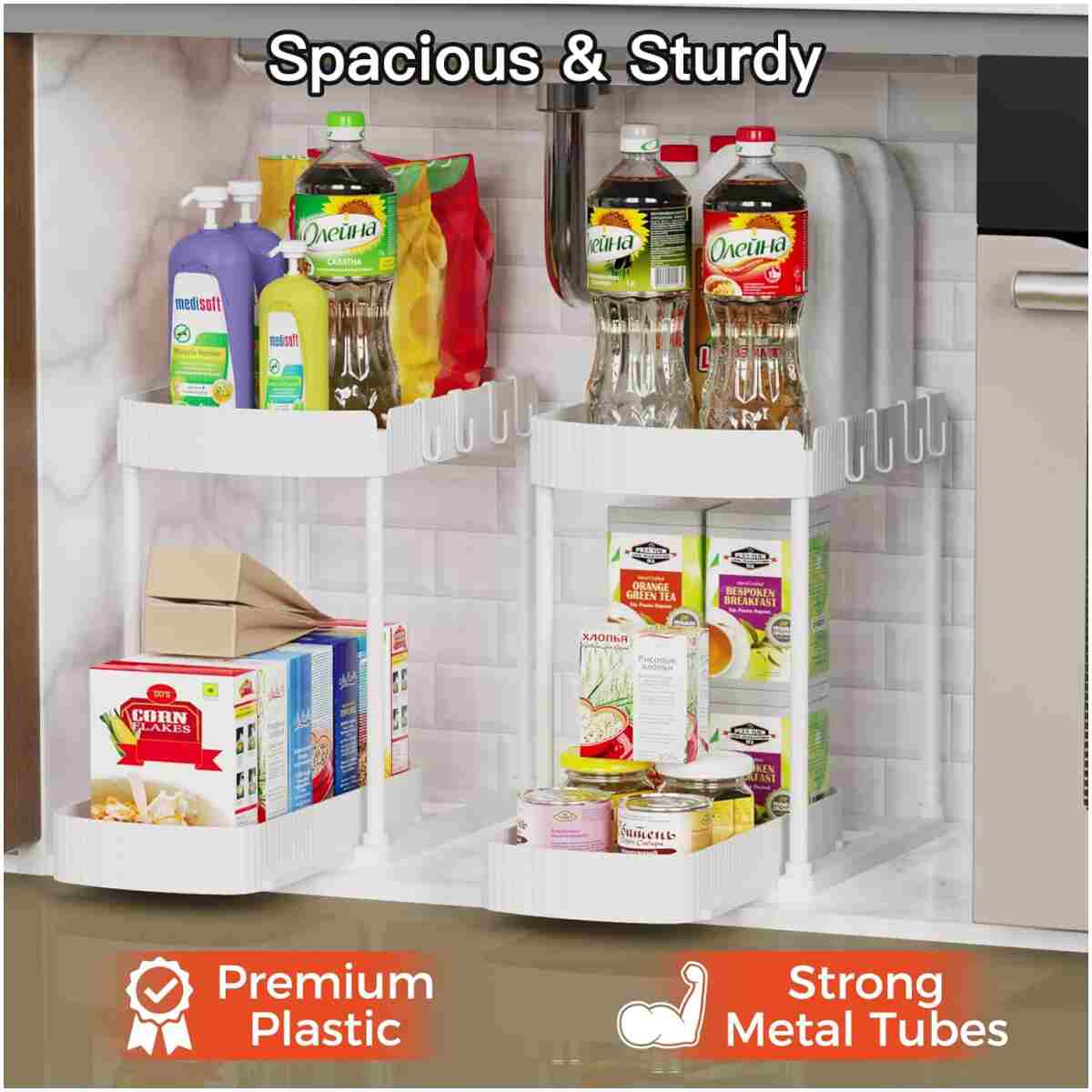 2 Pack Multi-Purpose Pull-Out Storage Organizers, Under Sink Organizers and Storage for Bathroom & Kitchen, Under Cabinet Organizers and storage, 12.8 Inch, Black