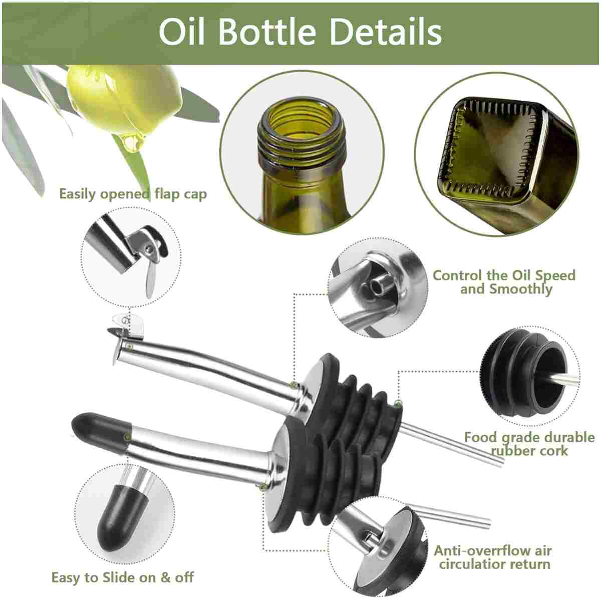 2 Pcs Green Glass Olive Oil Dispenser and Vinegar Dispenser Set with 2 Stainless Steel Pourers, 4 Labels, 1 Brush, 1 Funnel (500ml) for Kitchen, Cooking, Salad Dressing,...