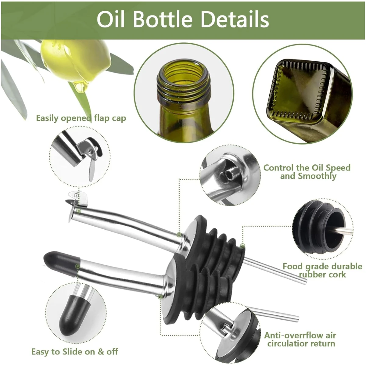 2 Pcs Green Glass Olive Oil Dispenser and Vinegar Dispenser Set with 2 Stainless Steel Pourers, 4 Labels, 1 Brush, 1 Funnel (500ml) for Kitchen, Cooking, Salad Dressing,...