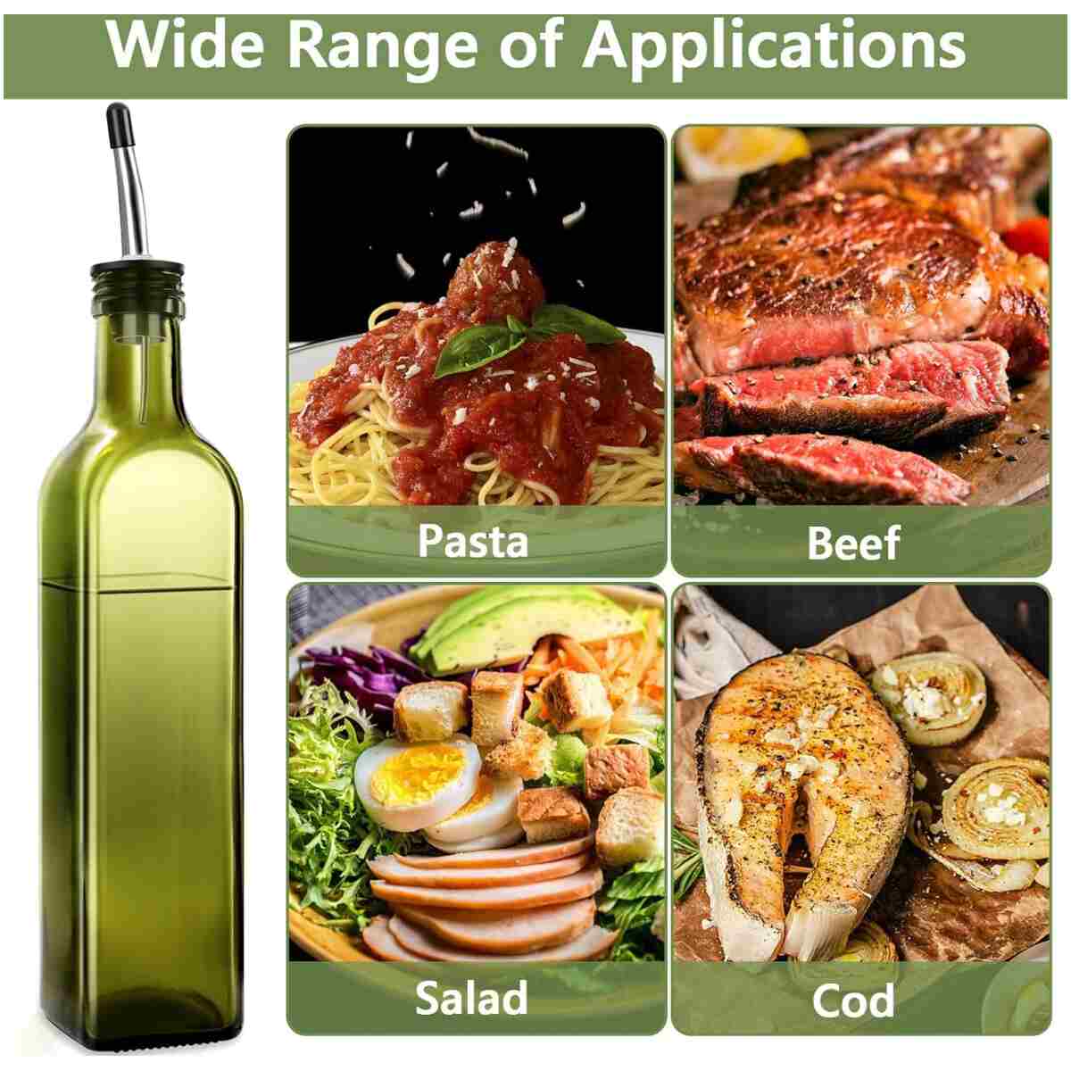 2 Pcs Green Glass Olive Oil Dispenser and Vinegar Dispenser Set with 2 Stainless Steel Pourers, 4 Labels, 1 Brush, 1 Funnel (500ml) for Kitchen, Cooking, Salad Dressing,...