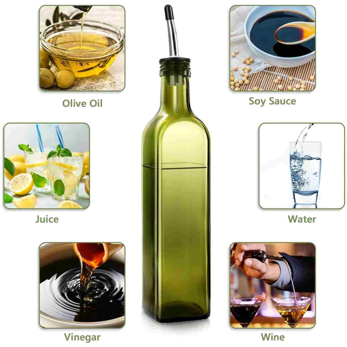 2 Pcs Green Glass Olive Oil Dispenser and Vinegar Dispenser Set with 2 Stainless Steel Pourers, 4 Labels, 1 Brush, 1 Funnel (500ml) for Kitchen, Cooking, Salad Dressing,...