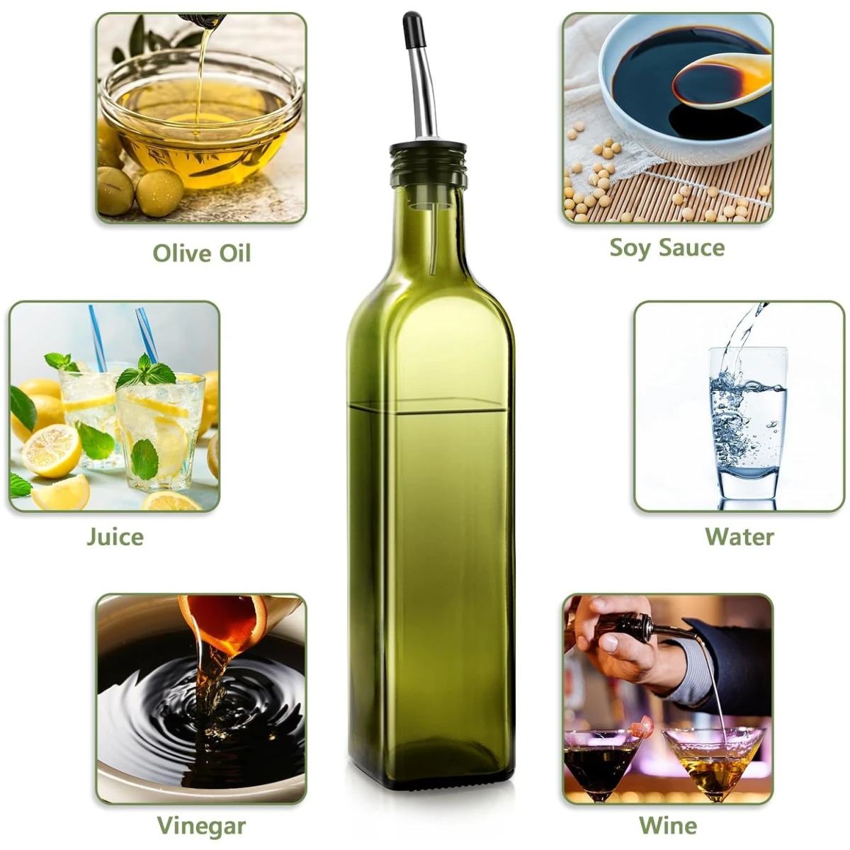 2 Pcs Green Glass Olive Oil Dispenser and Vinegar Dispenser Set with 2 Stainless Steel Pourers, 4 Labels, 1 Brush, 1 Funnel (500ml) for Kitchen, Cooking, Salad Dressing,...