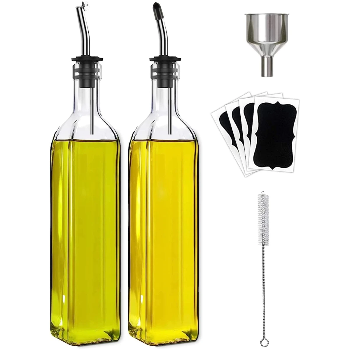 2 Pcs Green Glass Olive Oil Dispenser and Vinegar Dispenser Set with 2 Stainless Steel Pourers, 4 Labels, 1 Brush, 1 Funnel (500ml) for Kitchen, Cooking, Salad Dressing,...