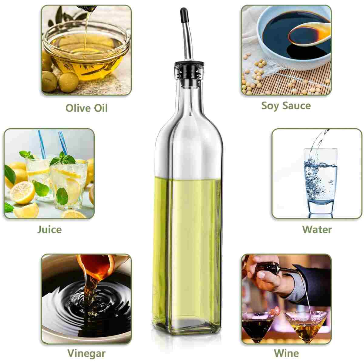 2 Pcs Green Glass Olive Oil Dispenser and Vinegar Dispenser Set with 2 Stainless Steel Pourers, 4 Labels, 1 Brush, 1 Funnel (500ml) for Kitchen, Cooking, Salad Dressing,...
