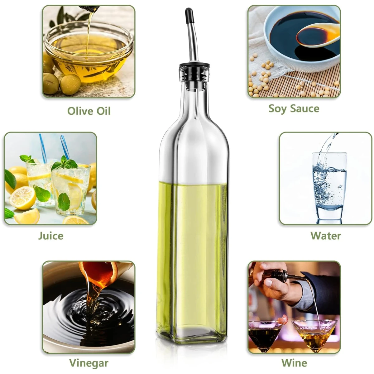 2 Pcs Green Glass Olive Oil Dispenser and Vinegar Dispenser Set with 2 Stainless Steel Pourers, 4 Labels, 1 Brush, 1 Funnel (500ml) for Kitchen, Cooking, Salad Dressing,...