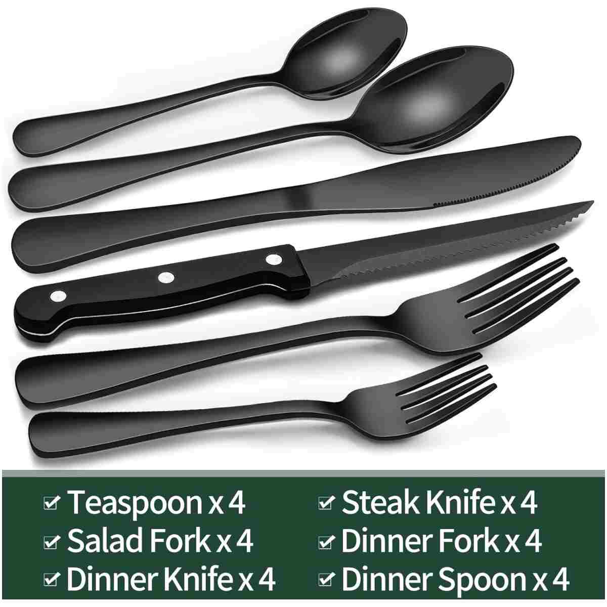 24-Piece Black Silverware Set with Steak Knives, Black Flatware Set for 4, Food-Grade Stainless Steel Tableware Cutlery Set, Mirror Finished Utensil Sets for Home Restaurant