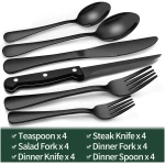 24-Piece Black Silverware Set with Steak Knives, Black Flatware Set for 4, Food-Grade Stainless Steel Tableware Cutlery Set, Mirror Finished Utensil Sets for Home Restaurant