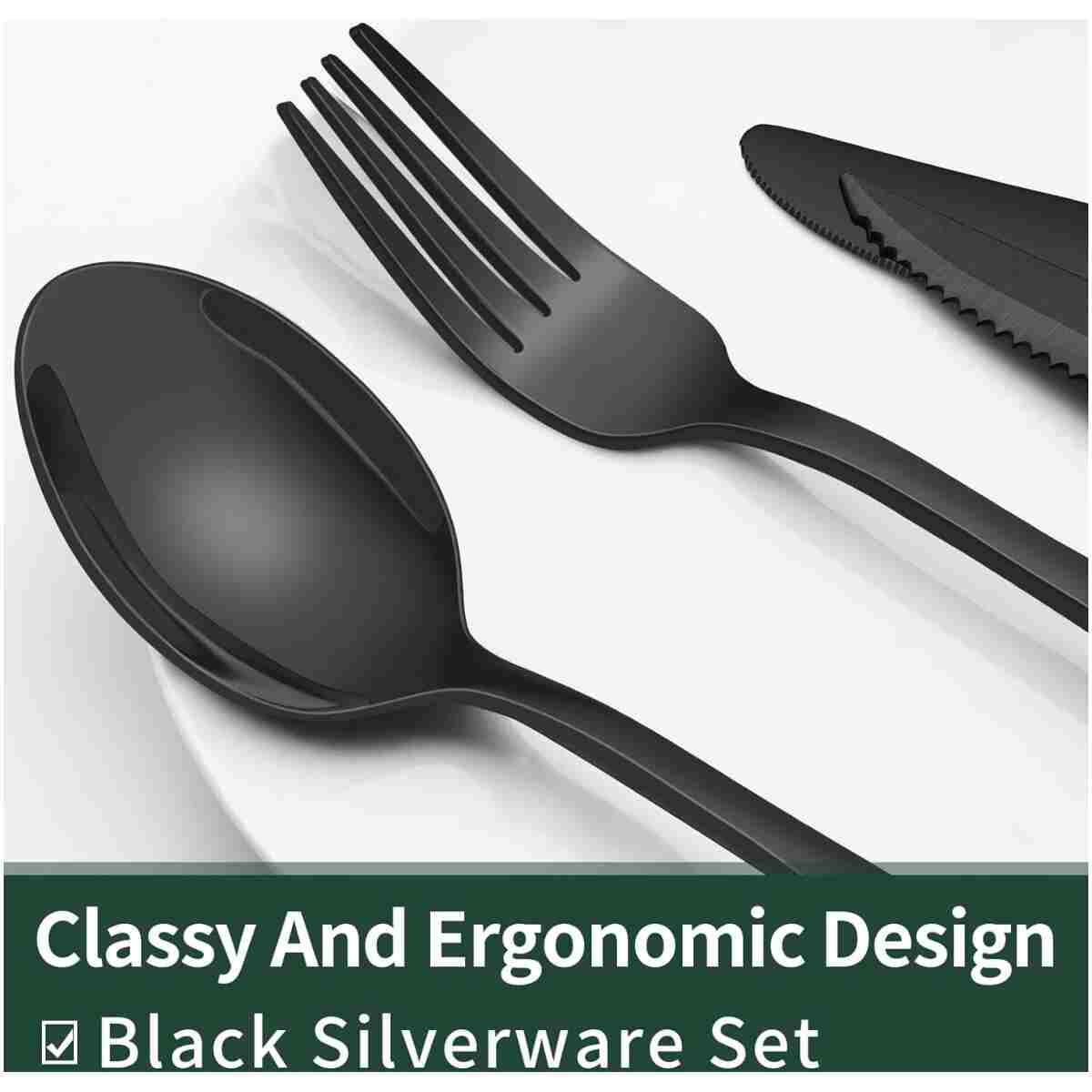 24-Piece Black Silverware Set with Steak Knives, Black Flatware Set for 4, Food-Grade Stainless Steel Tableware Cutlery Set, Mirror Finished Utensil Sets for Home Restaurant