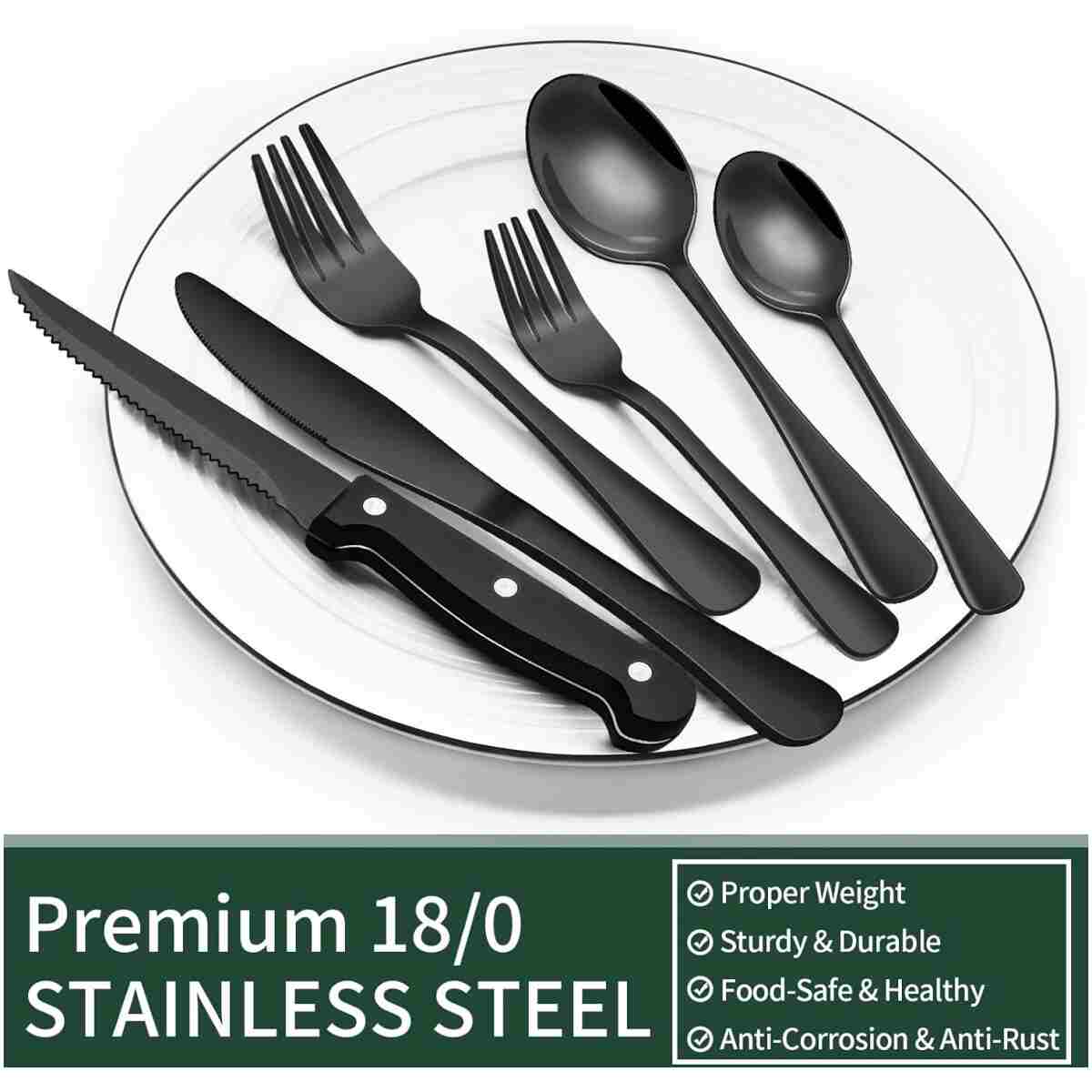 24-Piece Black Silverware Set with Steak Knives, Black Flatware Set for 4, Food-Grade Stainless Steel Tableware Cutlery Set, Mirror Finished Utensil Sets for Home Restaurant