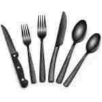 24-Piece Black Silverware Set with Steak Knives, Black Flatware Set for 4, Food-Grade Stainless Steel Tableware Cutlery Set, Mirror Finished Utensil Sets for Home Restaurant
