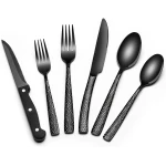 24-Piece Black Silverware Set with Steak Knives, Black Flatware Set for 4, Food-Grade Stainless Steel Tableware Cutlery Set, Mirror Finished Utensil Sets for Home Restaurant