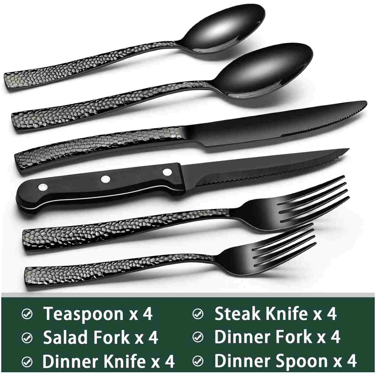 24-Piece Black Silverware Set with Steak Knives, Black Flatware Set for 4, Food-Grade Stainless Steel Tableware Cutlery Set, Mirror Finished Utensil Sets for Home Restaurant