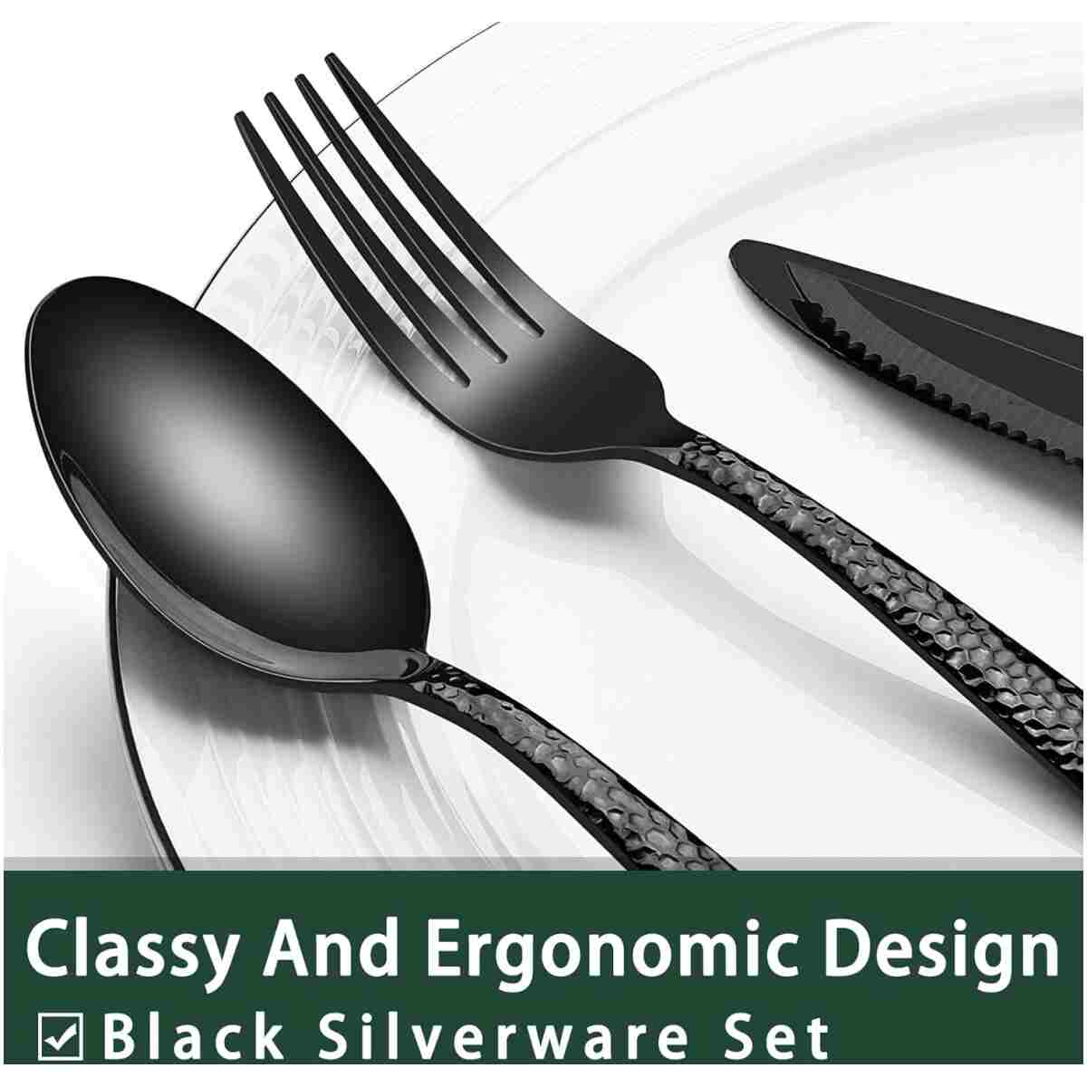 24-Piece Black Silverware Set with Steak Knives, Black Flatware Set for 4, Food-Grade Stainless Steel Tableware Cutlery Set, Mirror Finished Utensil Sets for Home Restaurant