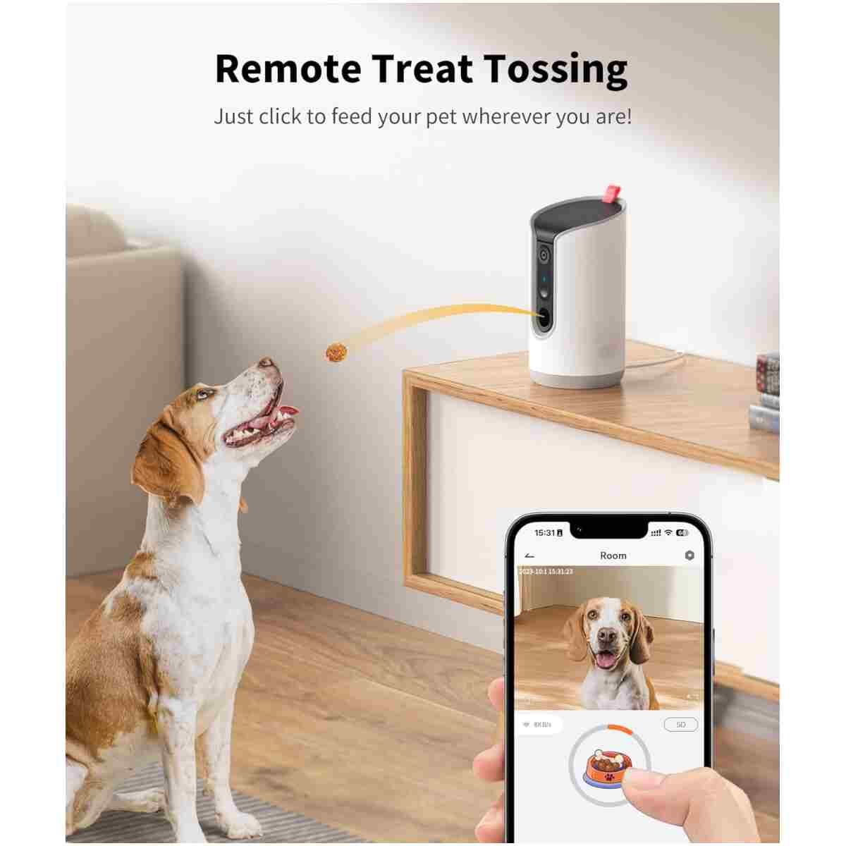 2K Pet Camera Treat Dispenser, 360°View Dog Camera with Phone App, 5G&2.4G WiFi 2-Way Talk Pet Camera Indoor for Cats Remote Treat Tossing, Motion Alerts, Auto Tracking
