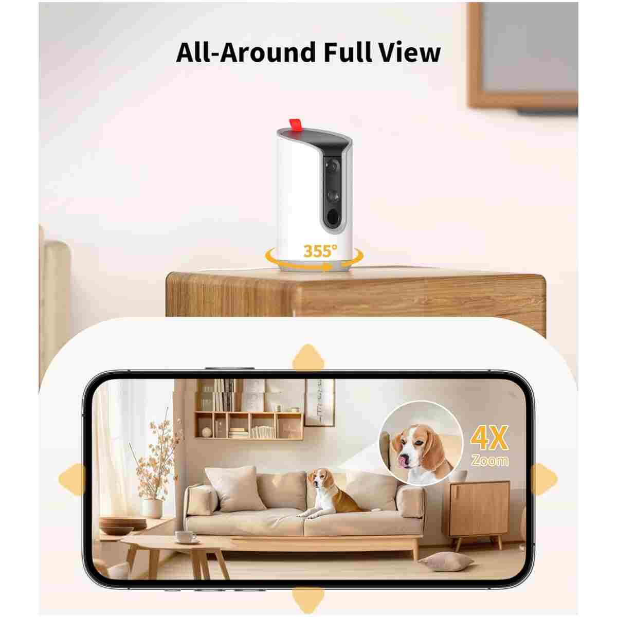 2K Pet Camera Treat Dispenser, 360°View Dog Camera with Phone App, 5G&2.4G WiFi 2-Way Talk Pet Camera Indoor for Cats Remote Treat Tossing, Motion Alerts, Auto Tracking