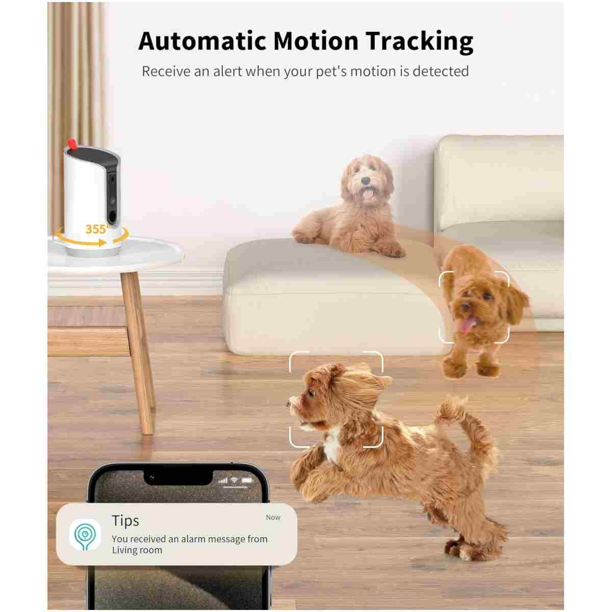 2K Pet Camera Treat Dispenser, 360°View Dog Camera with Phone App, 5G&2.4G WiFi 2-Way Talk Pet Camera Indoor for Cats Remote Treat Tossing, Motion Alerts, Auto Tracking