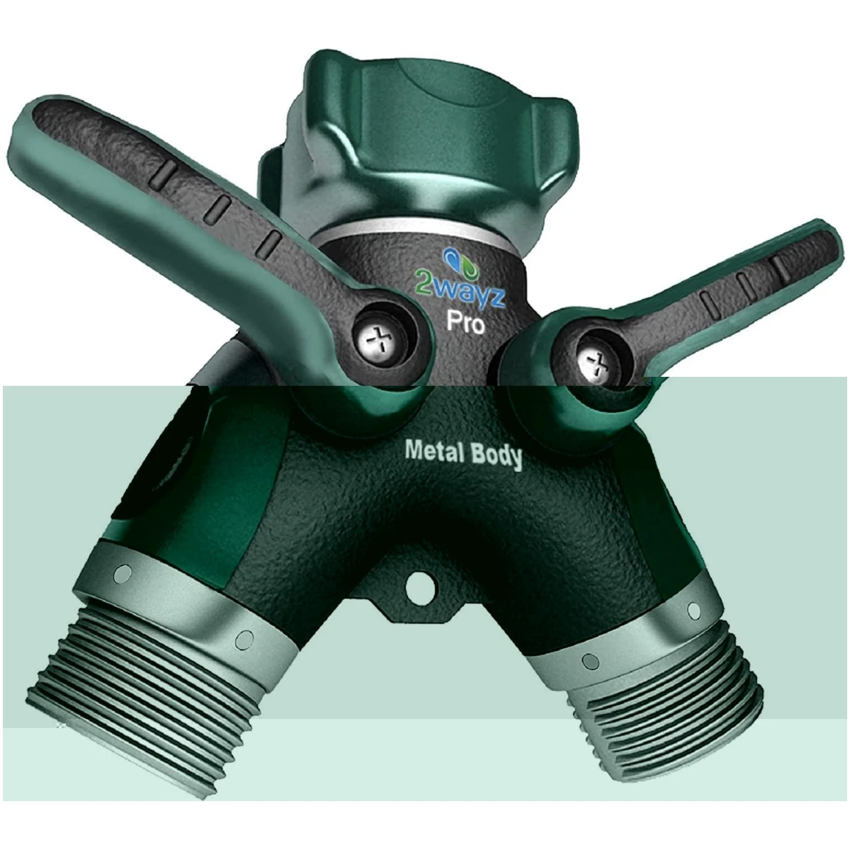 2WAYZ Hose Splitter 2 Way Heavy Duty Outdoor Faucet and Garden Connector - Water Spigot Splitter - Durable All-Metal Y Adapter with Shut-Off Valve - 4 x 4 x 1.5 Inches