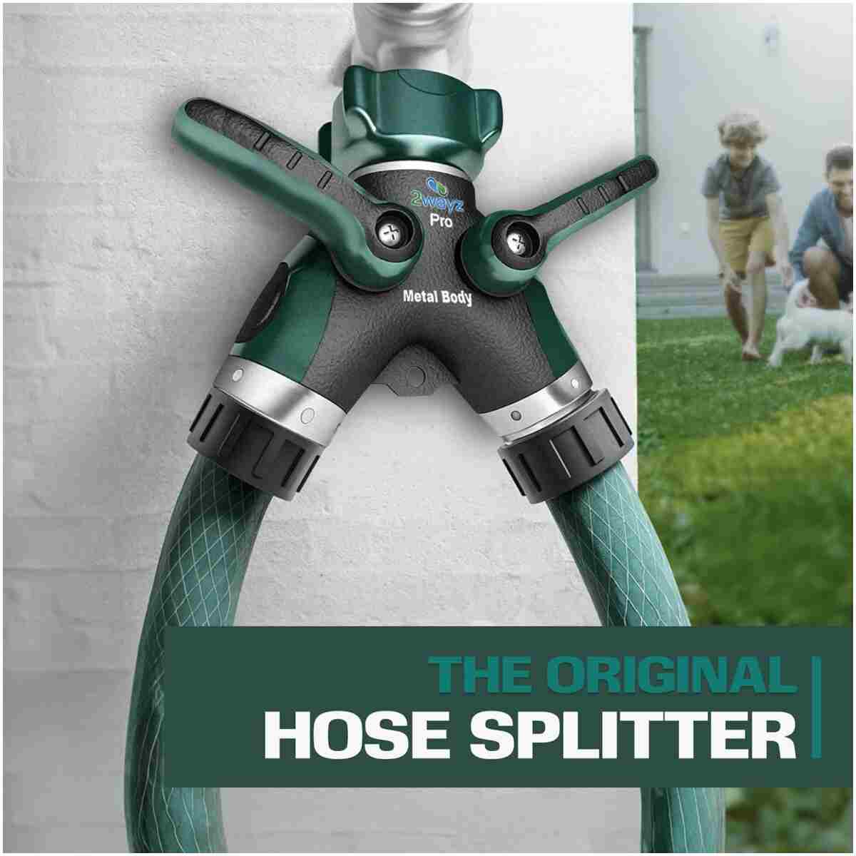 2WAYZ Hose Splitter 2 Way Heavy Duty Outdoor Faucet and Garden Connector - Water Spigot Splitter - Durable All-Metal Y Adapter with Shut-Off Valve - 4 x 4 x 1.5 Inches