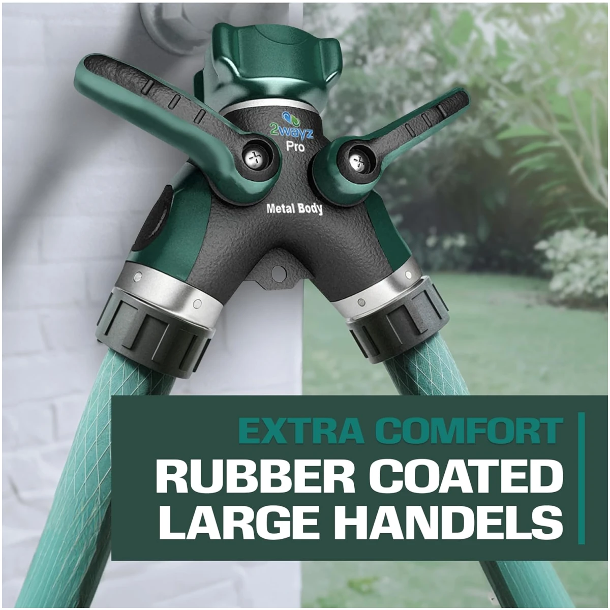 2WAYZ Hose Splitter 2 Way Heavy Duty Outdoor Faucet and Garden Connector - Water Spigot Splitter - Durable All-Metal Y Adapter with Shut-Off Valve - 4 x 4 x 1.5 Inches
